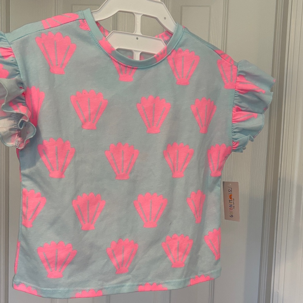 Girls' Light Blue Top with Pink Shell Print